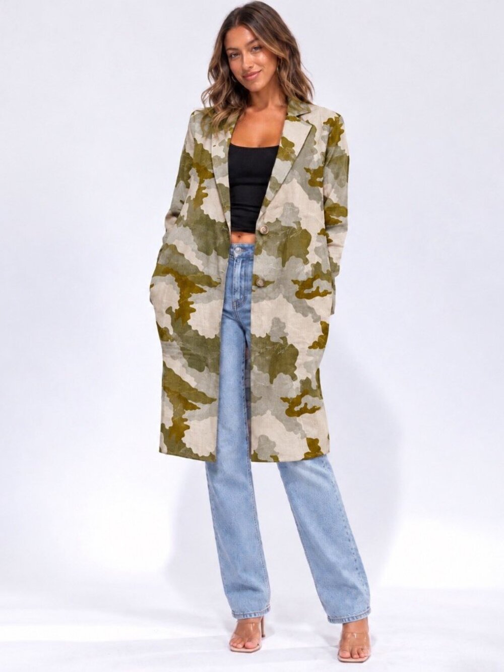 Women's Long Sleeve Olive Button Closure Camo Print Coat Size Small